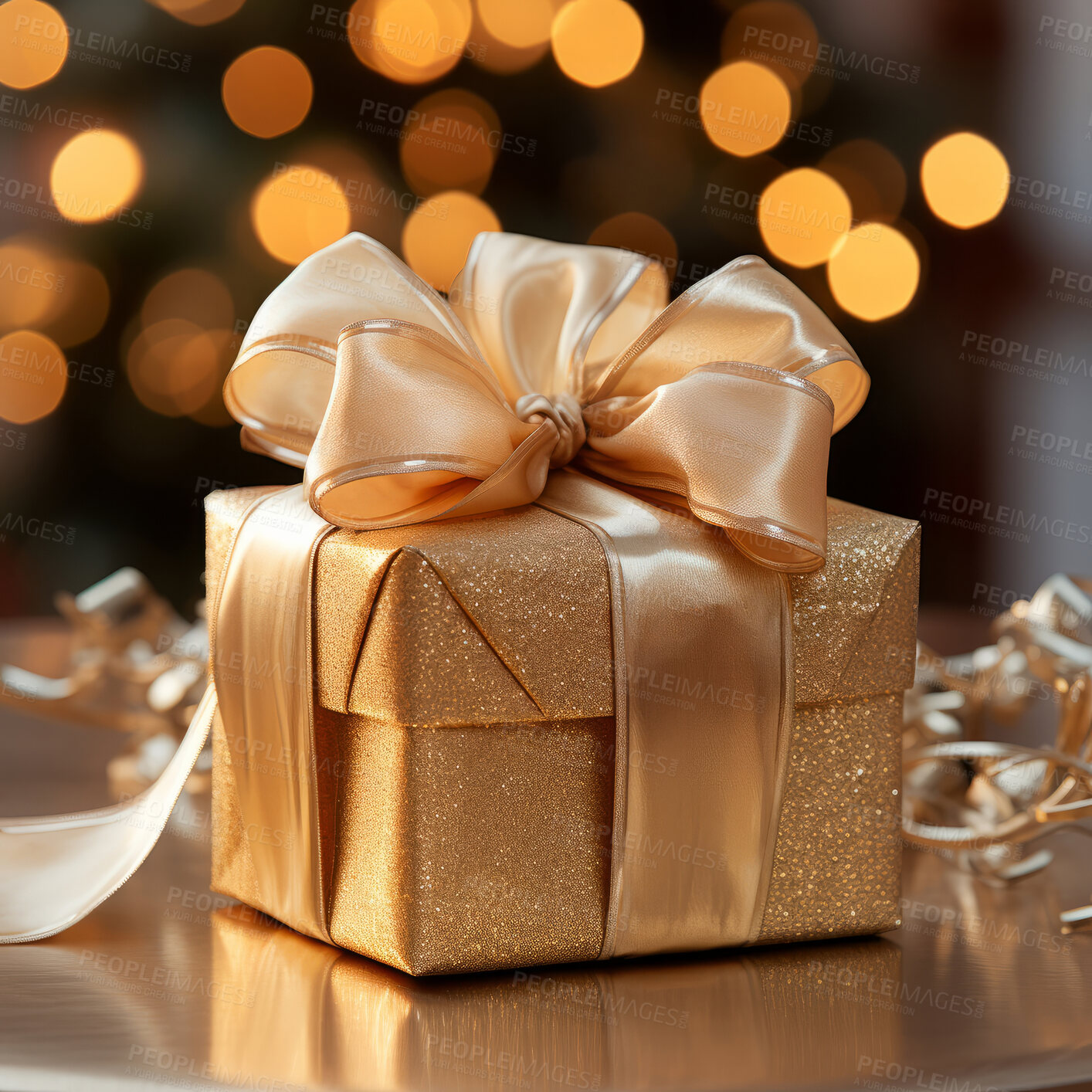 Buy stock photo Gift with ribbon and bow on table. Bokeh in background.