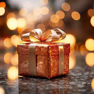 Buy stock photo Gift with ribbon and bow on table. Bokeh in background.