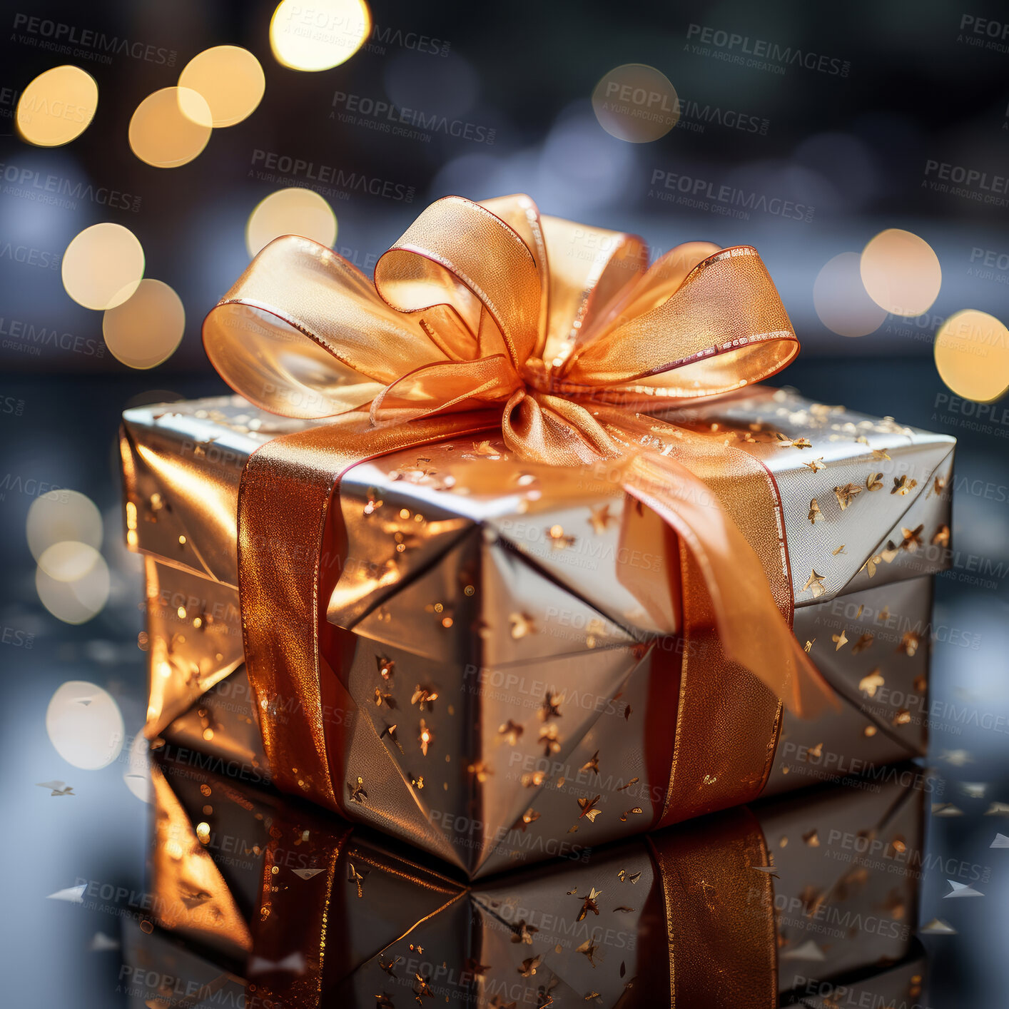 Buy stock photo Gift with ribbon and bow on table. Bokeh in background.