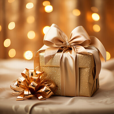 Buy stock photo Gift with ribbon and bow on table. Bokeh in background.