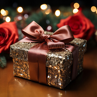 Gift with ribbon and bow on table. Bokeh in background.