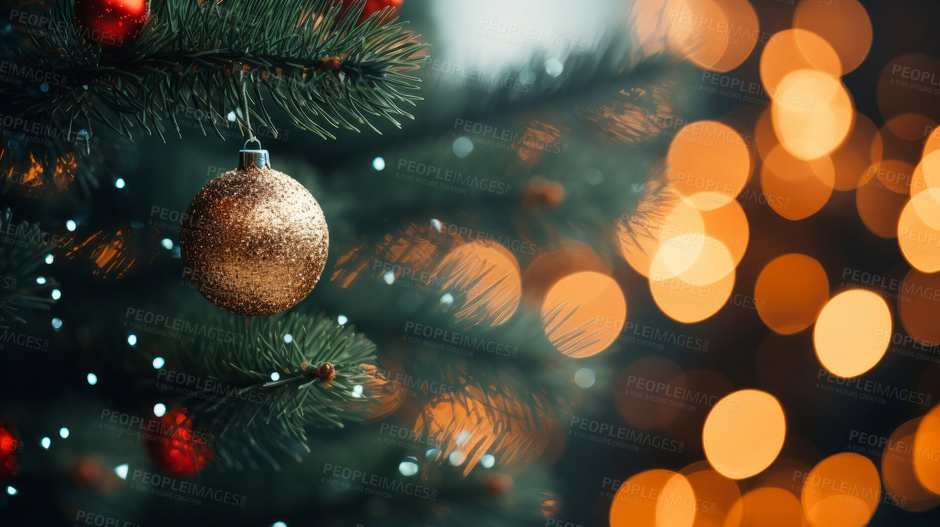 Buy stock photo Close-up of christmas tree decorations. Bokeh background.