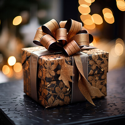 Buy stock photo Gift with ribbon and bow on table. Bokeh in background.