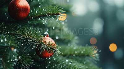 Close-up of christmas tree decorations. Bokeh background.