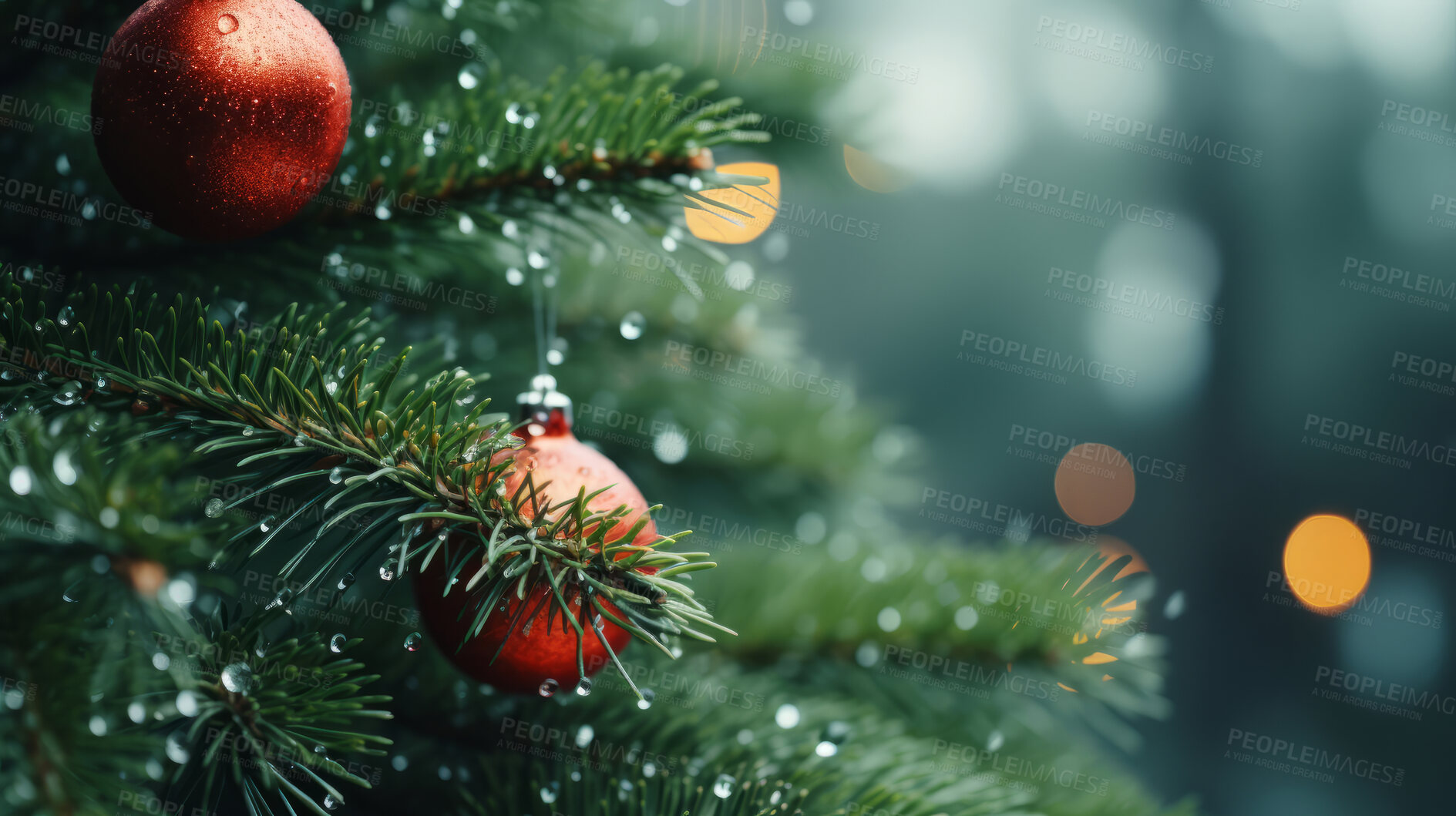 Buy stock photo Close-up of christmas tree decorations. Bokeh background.