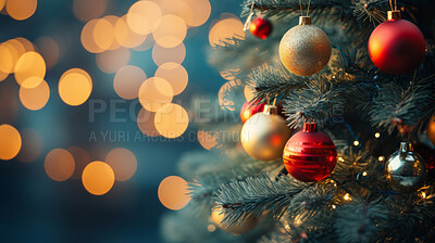 Close-up of christmas tree decorations. Bokeh background.