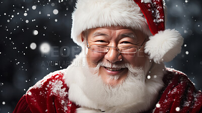 Close-up portrait of happy, asian santa. Snowflakes falling. Christmas concept.
