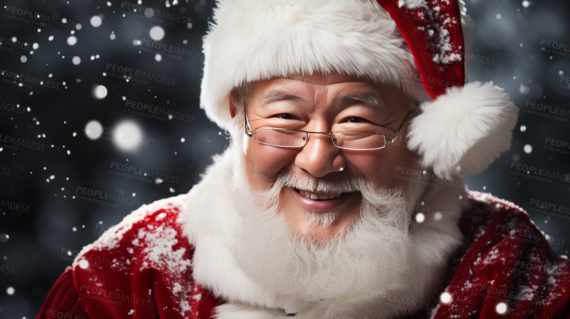 Buy stock photo Close-up portrait of happy, asian santa. Snowflakes falling. Christmas concept.