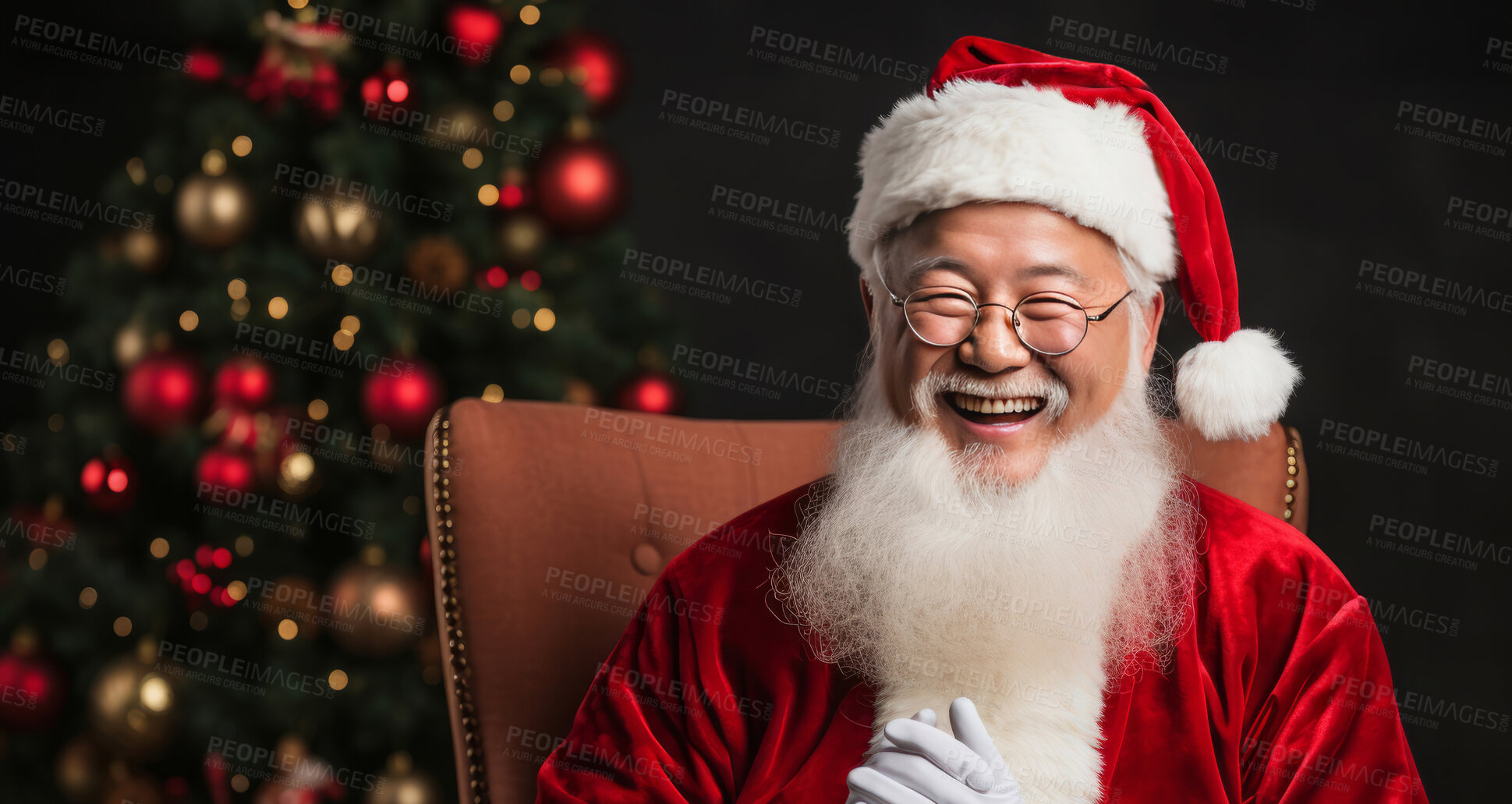 Buy stock photo Close up portrait of happy, asian santa.Christmas tree in back. Christmas concept.