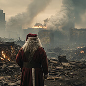 Santa in apocalyptic city. Nuclear winter. War torn. End of society ...