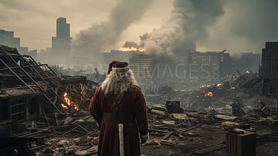 Santa in apocalyptic city. Nuclear winter. War torn. End of society concept.