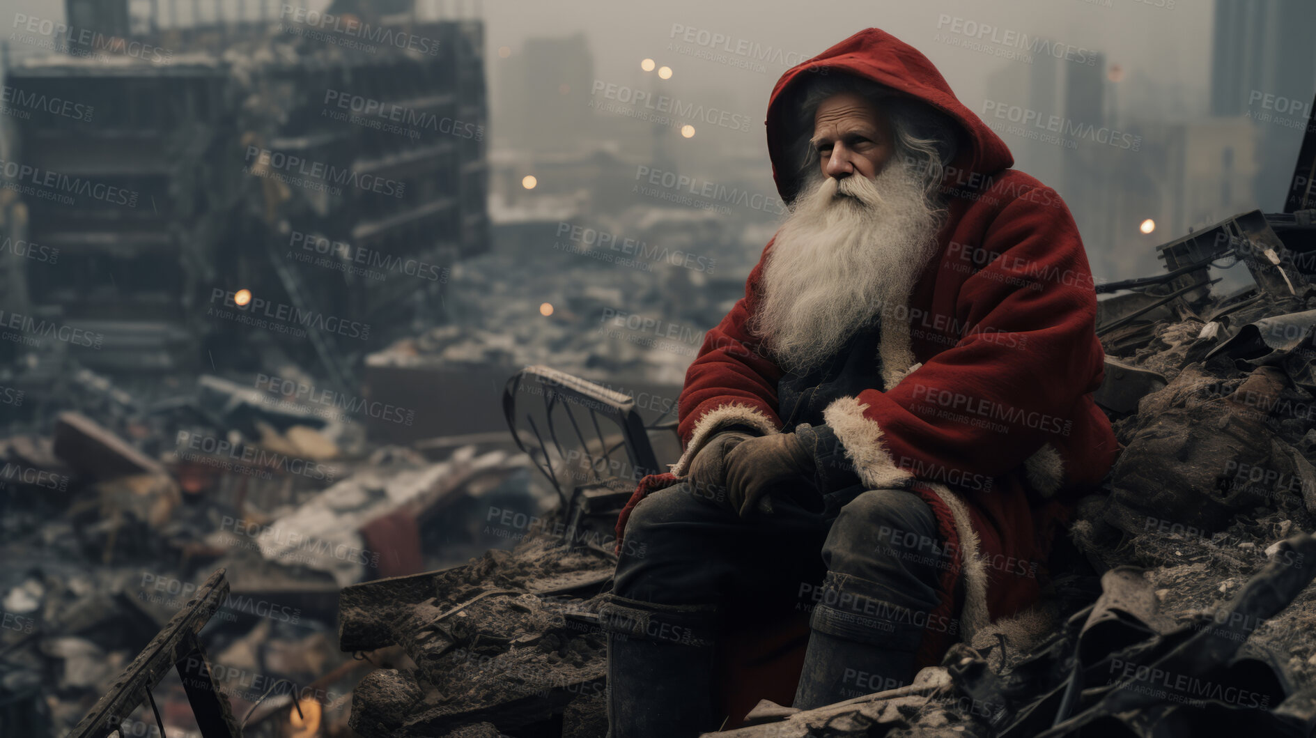 Buy stock photo Santa in apocalyptic city. Nuclear winter. War torn. End of  society concept.