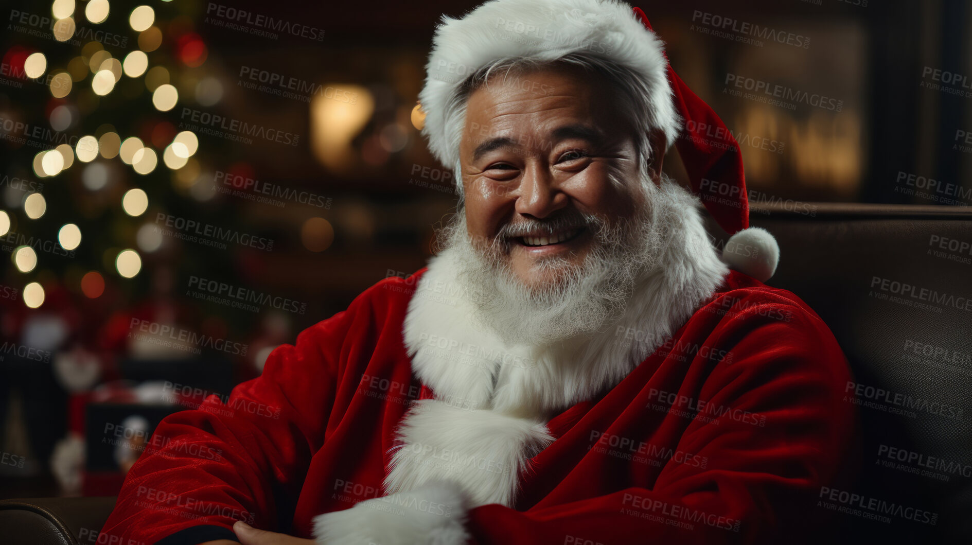 Buy stock photo Close up portrait of happy, Asian santa. Christmas concept.