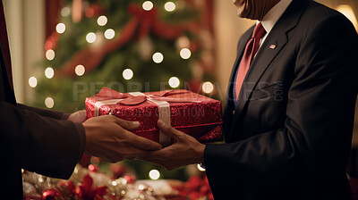 Close up of politician receiving gift from businessman.
