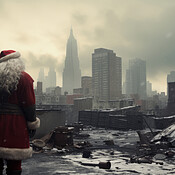 Santa in apocalyptic city. Nuclear winter. War torn. End of society ...
