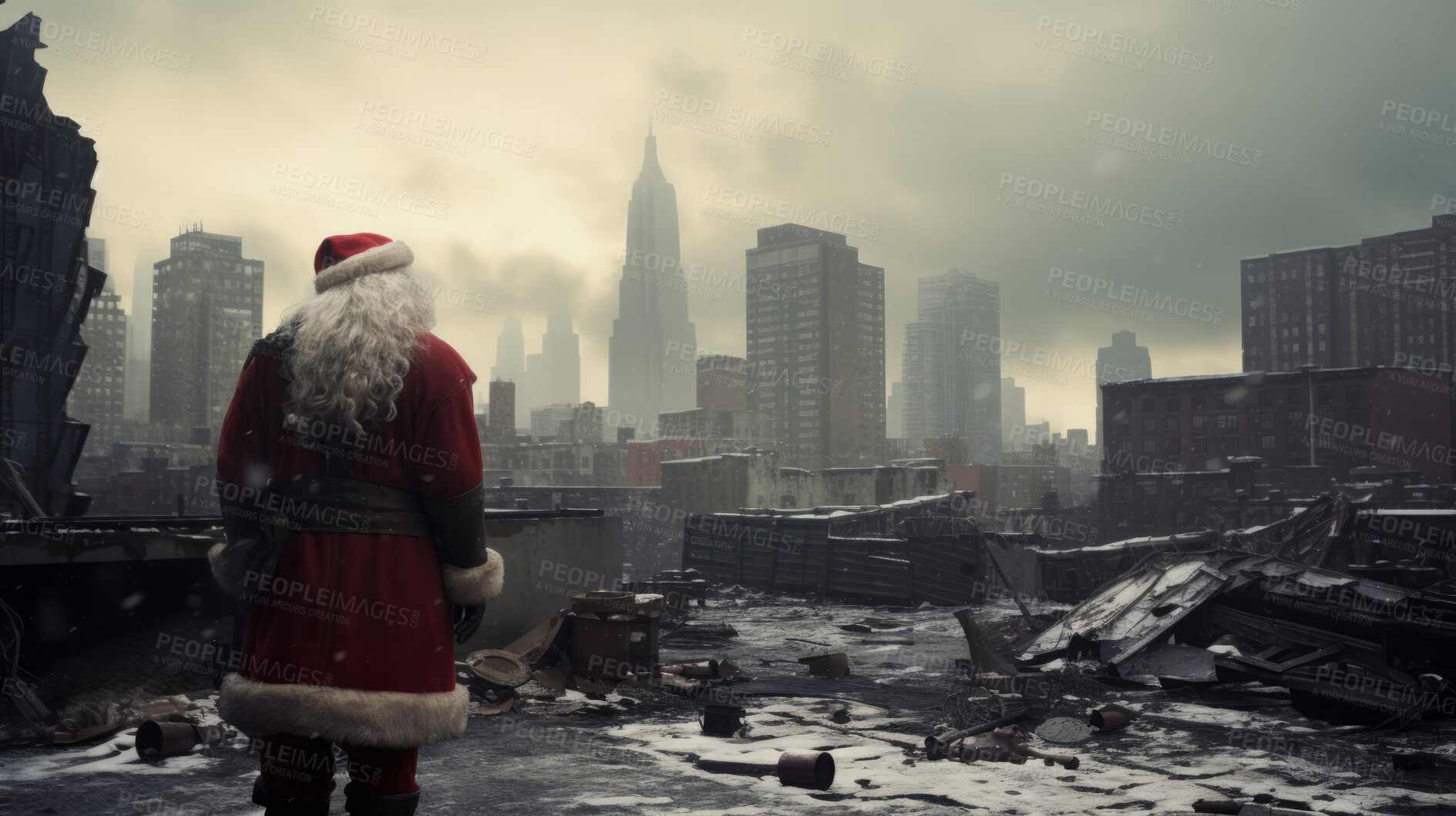 Buy stock photo Santa in apocalyptic city. Nuclear winter. War torn. End of  society concept.