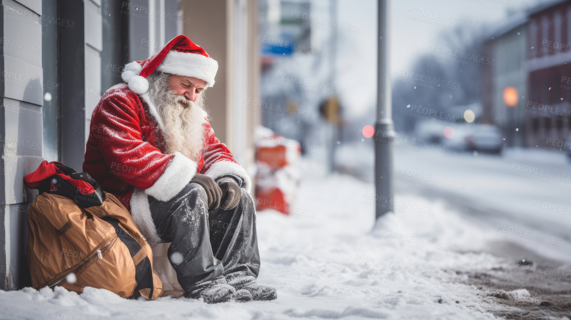 Buy stock photo Homeless santa sleeping in city street. Economic concept.