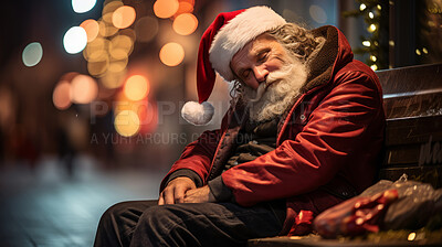 Homeless santa sleeping on park bench. Economic concept.