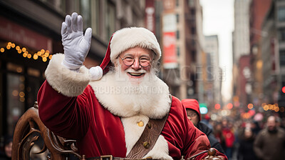 Happy santa taking in busy city street. Holiday, festive season.