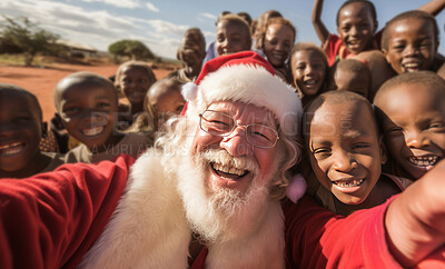 Happy selfie of santa and group of kids in rural africa. Christmas concept.