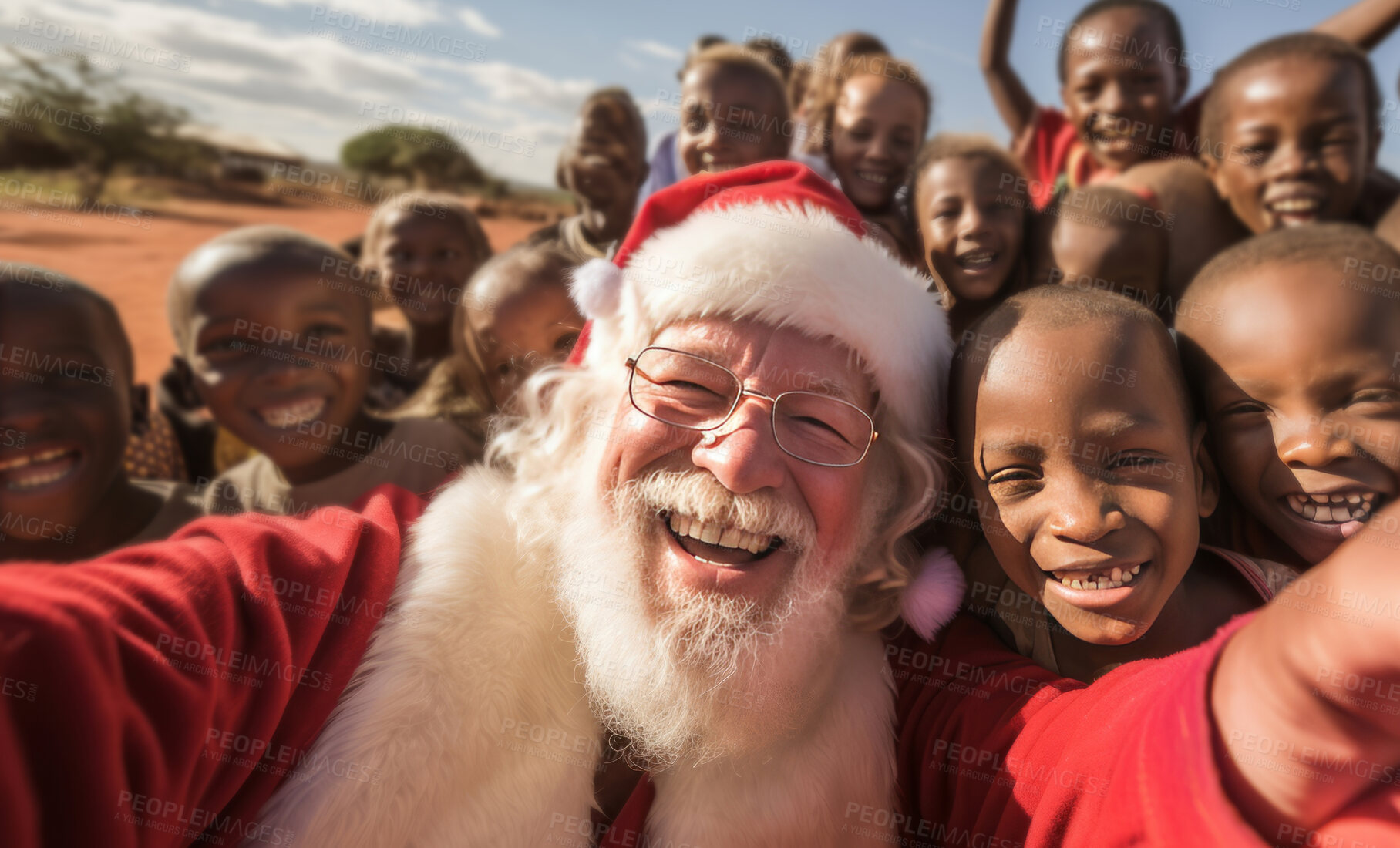 Buy stock photo Happy selfie of santa and group of kids in rural africa. Christmas concept.