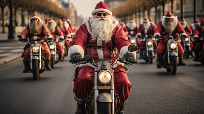 Shot of large group of santas on motorcycles. Riding down street. Christmas concept.