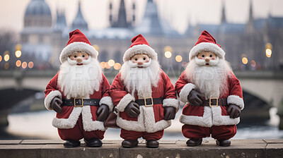Close-up of three santa dolls against lake and city buildings. Christmas concept.