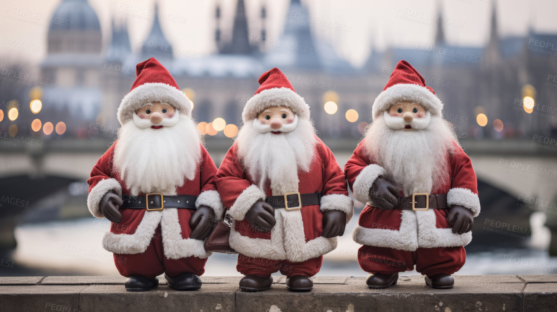 Buy stock photo Close-up of three santa dolls against lake and city buildings. Christmas concept.