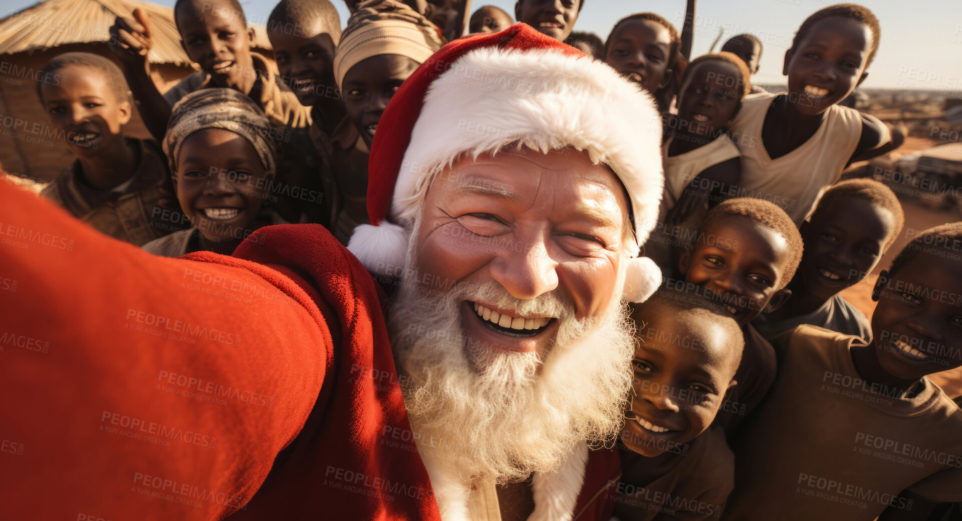 Buy stock photo Happy selfie of santa and group of kids in rural africa. Christmas concept.