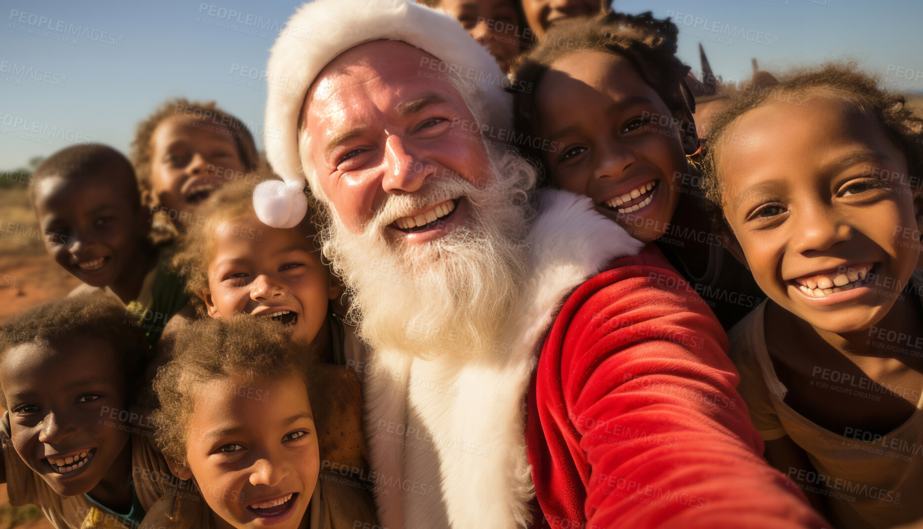 Buy stock photo Happy selfie of santa and group of kids in rural africa. Christmas concept.