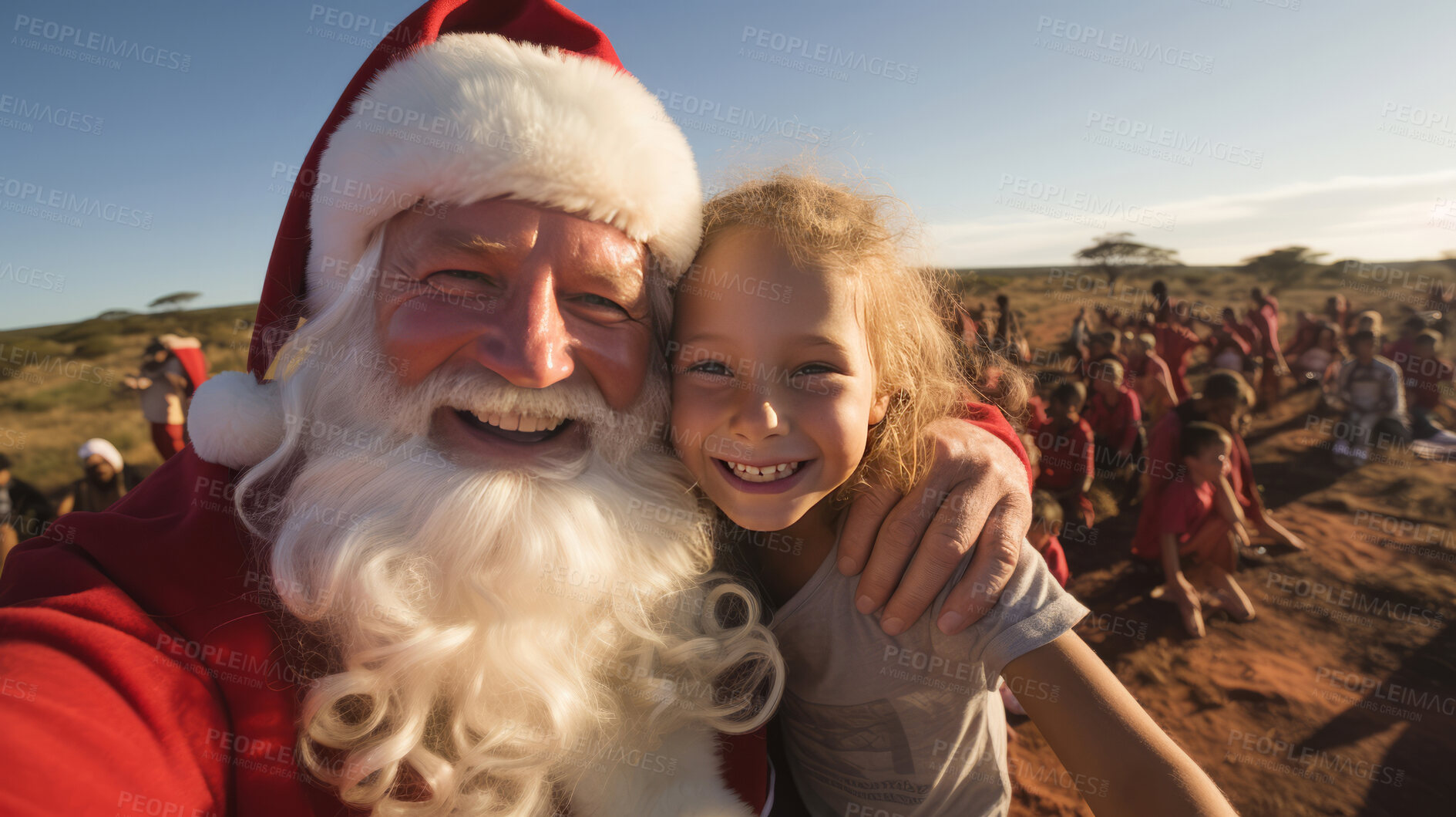 Buy stock photo Happy selfie of santa and poor child in rural africa. Spreading love. Christmas concept.