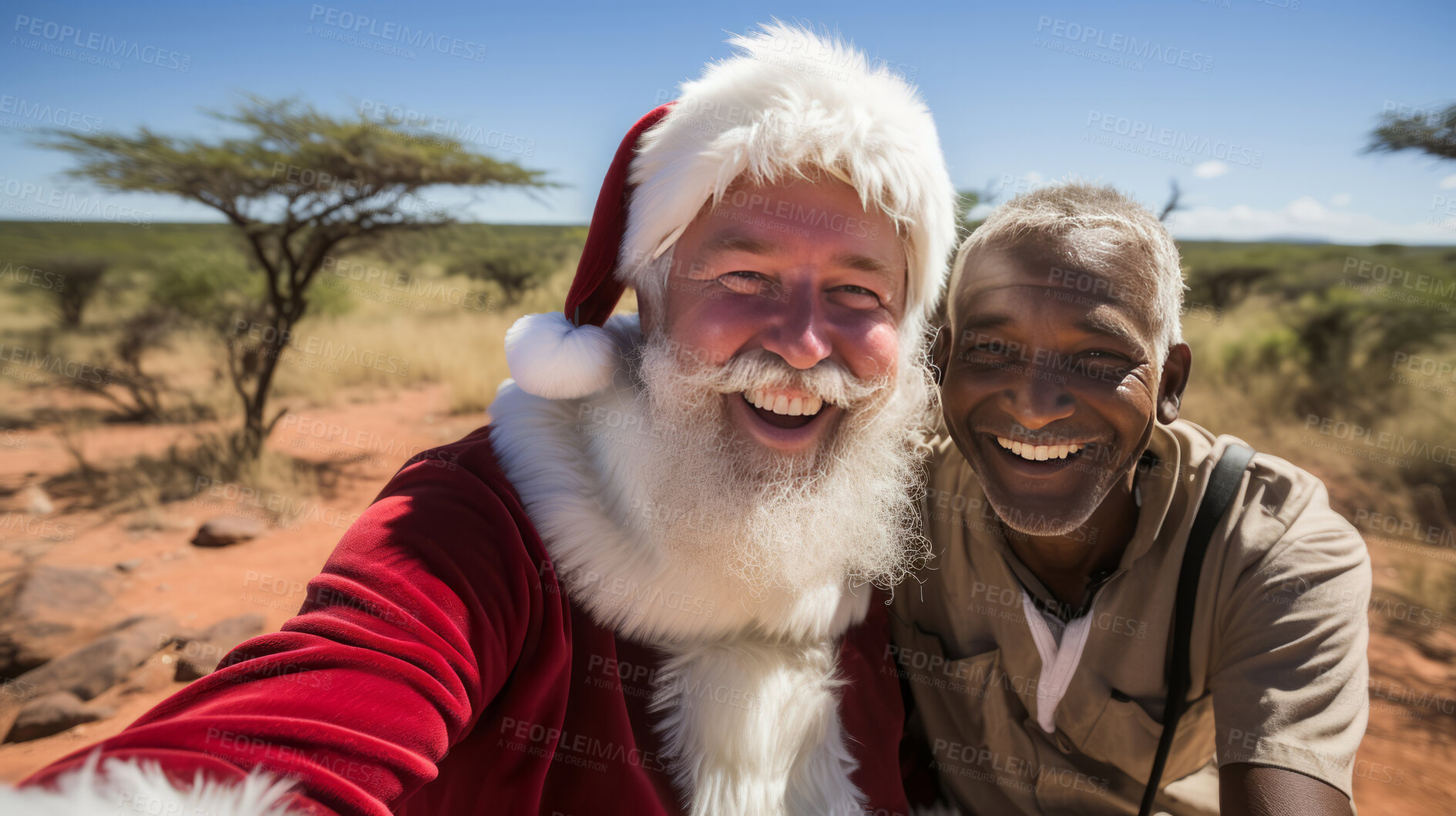 Buy stock photo Selfie of happy santa and man in africa. Spreading love. Christmas concept.