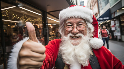 Buy stock photo Asian santa thumbs-up selfie in city street. Christmas concept.