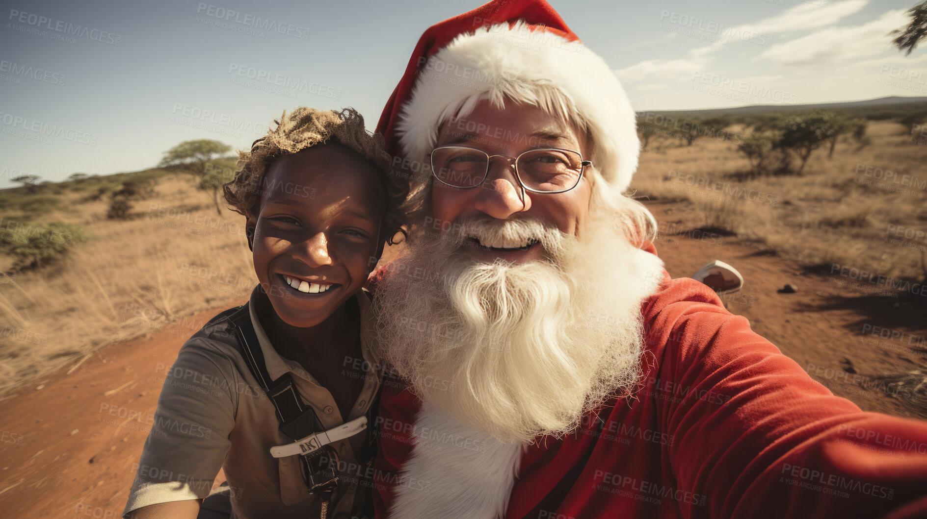 Buy stock photo Selfie of santa and child in rural africa. Spreading love. Christmas concept.