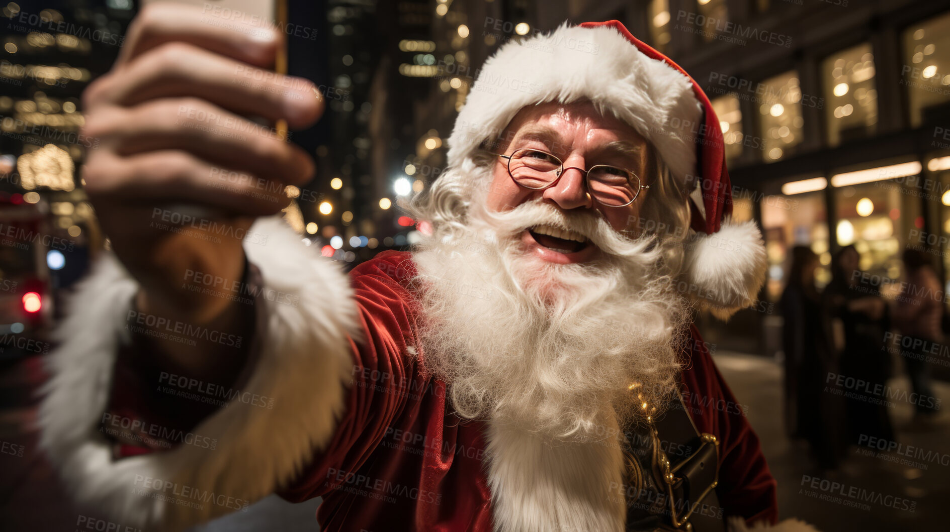 Buy stock photo Happy santa taking a selfie in busy city street. Holiday, festive season.