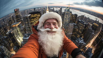 Wide panoramic selfie of santa on high point in modern city. Happy, smiling. Christmas concept.