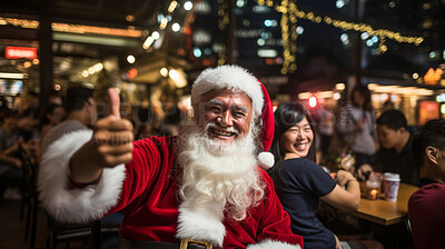Happy santa in busy city market at night. Holiday, festive season. Christmas concept.
