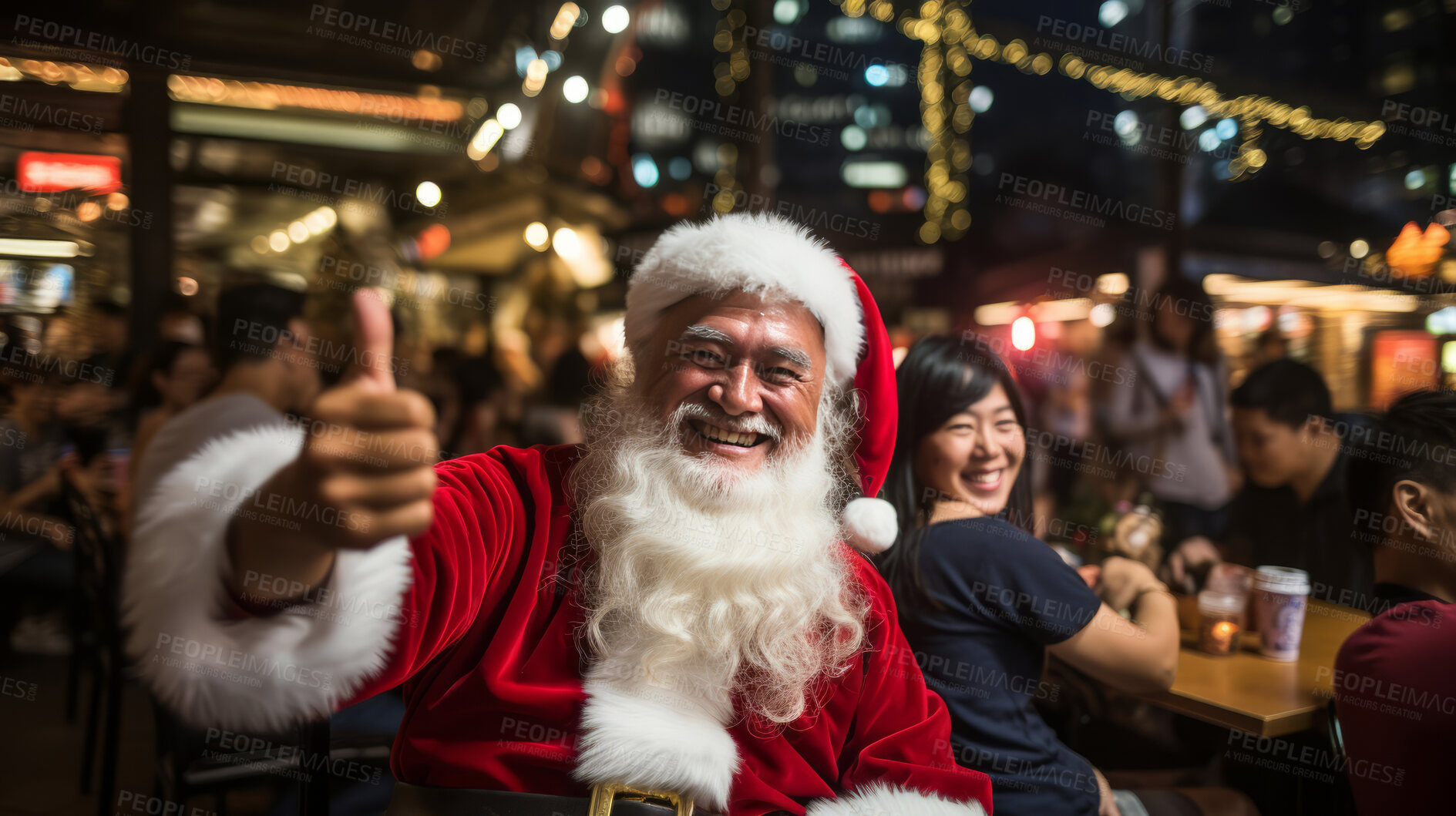 Buy stock photo Happy santa in busy city market at night. Holiday, festive season. Christmas concept.