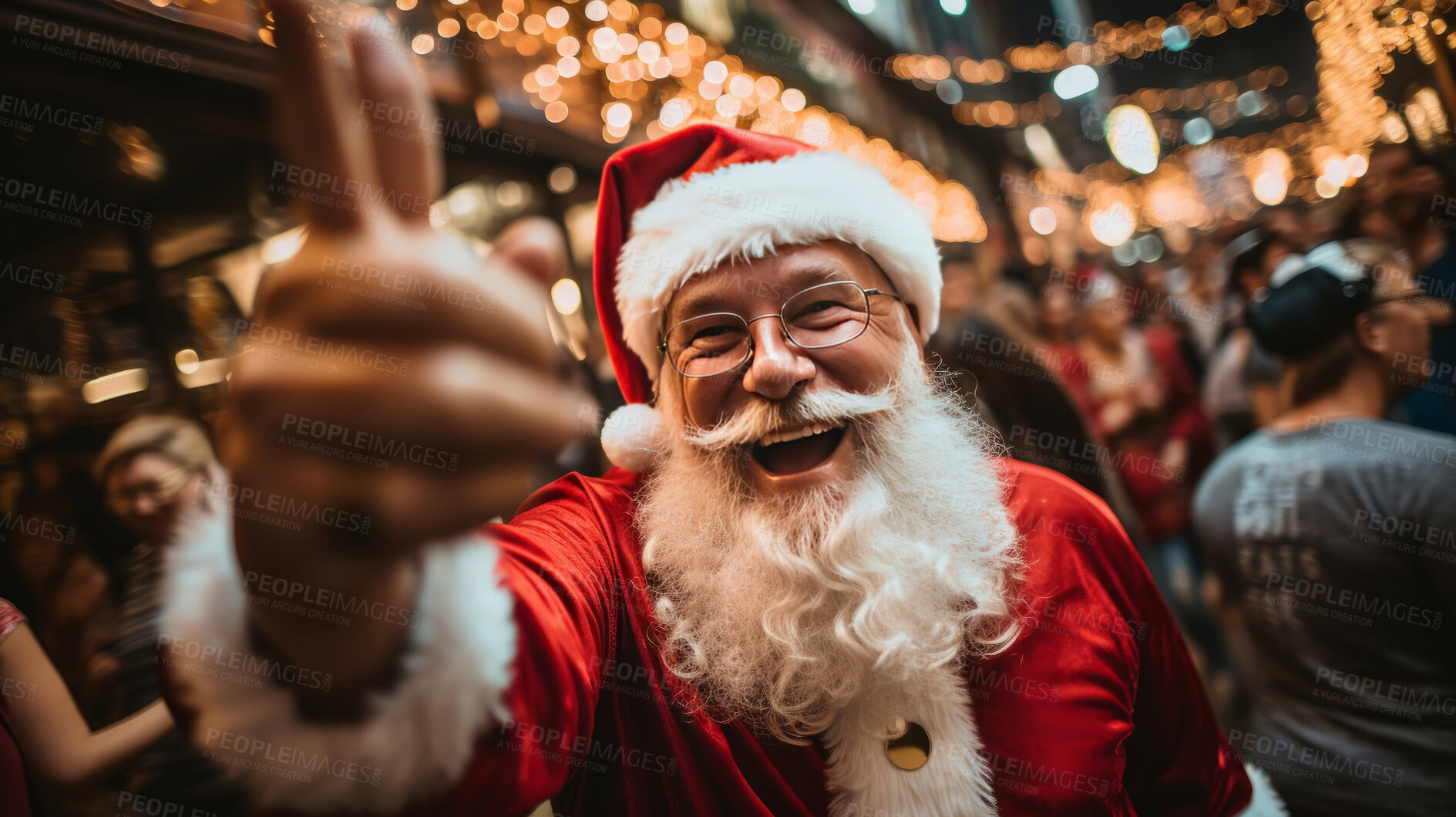 Buy stock photo Happy santa in busy city street at night. Holiday, festive season. Christmas concept.