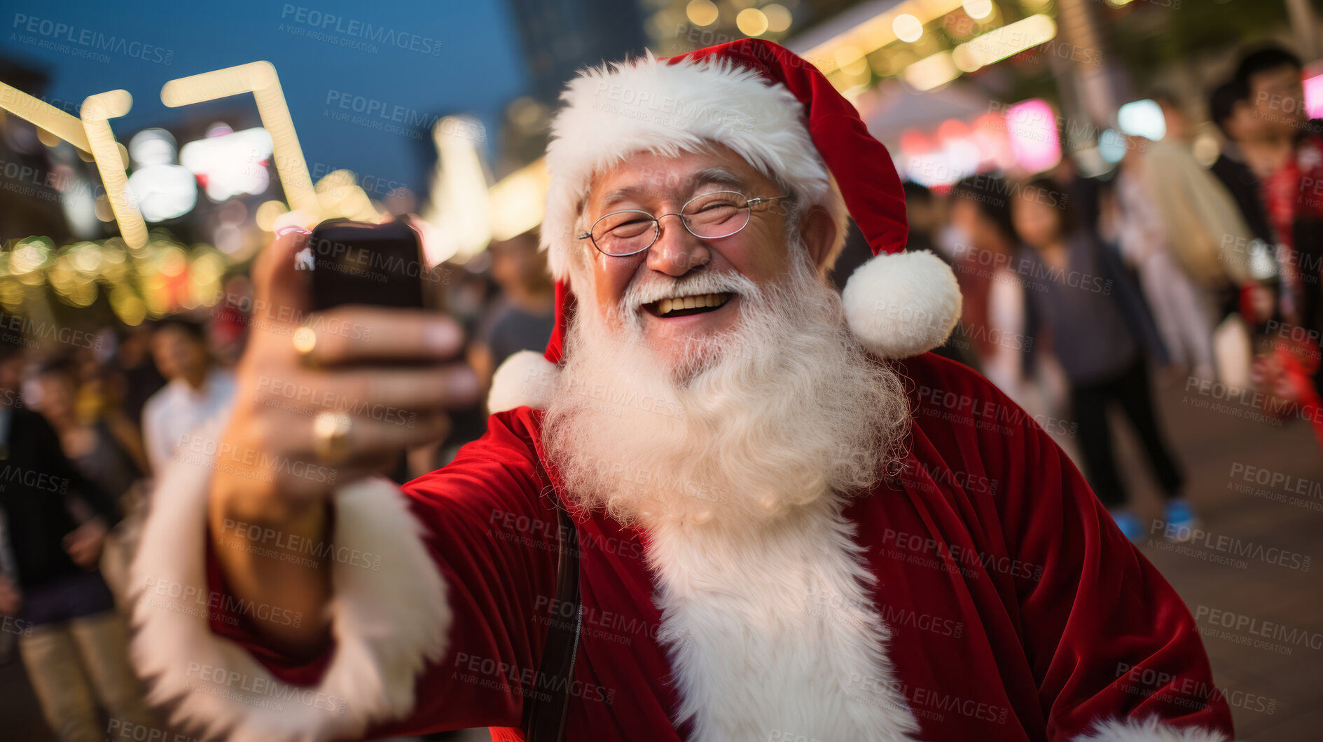 Buy stock photo Happy santa taking a selfie in busy city street. Holiday, festive season.