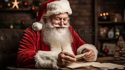 Portrait of smiling santa sitting at desk reading letters, night time. Christmas concept.