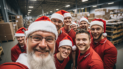 Buy stock photo Selfie of happy volunteers or workers in warehouse. Wearing christmas caps smiling.