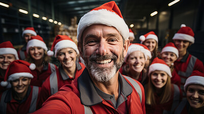Selfie of happy volunteers or workers in warehouse. Wearing christmas caps smiling.