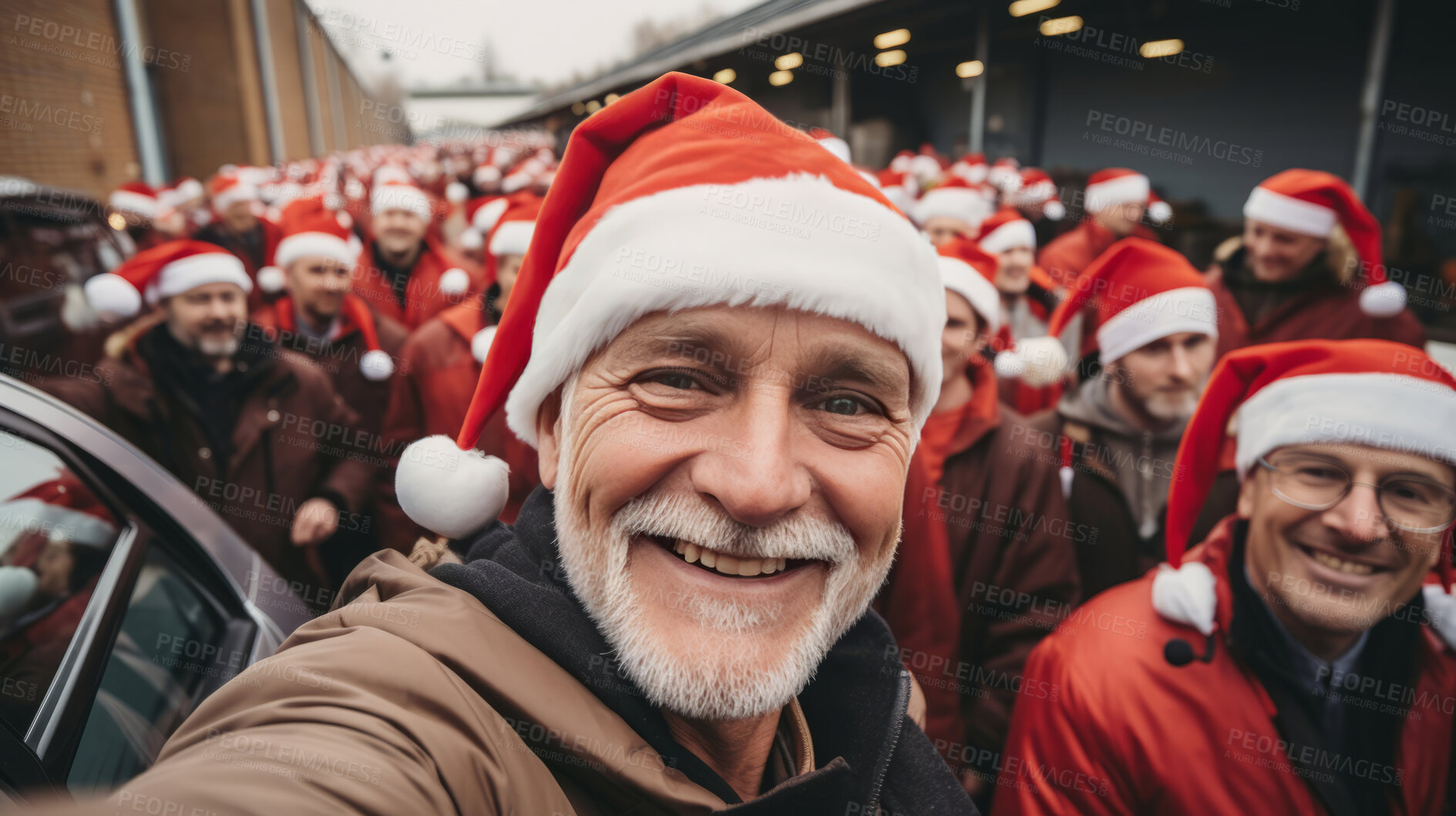 Buy stock photo Selfie of happy senior in street with big group in background. Wearing christmas caps smiling.