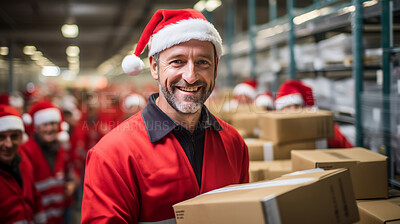 Candid shot of male worker in factory. Wearing christmas cap. Holiday season concept.