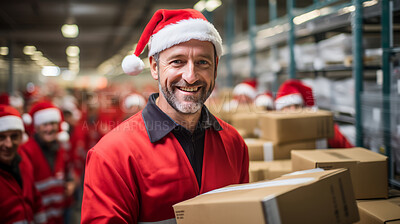 Buy stock photo Candid shot of male worker in factory. Wearing christmas cap. Holiday season concept.