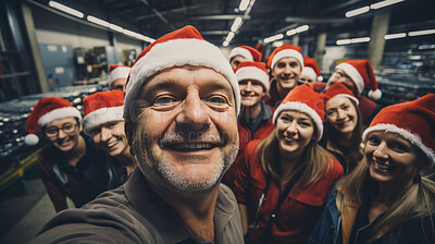 Selfie of happy volunteers or workers in warehouse. Wearing christmas caps smiling.