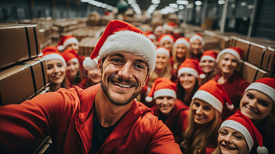 Buy stock photo Selfie of happy volunteers or workers in warehouse. Wearing christmas caps smiling.