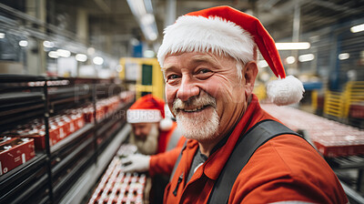 Buy stock photo Candid portrait of senior male in factory. Wearing christmas cap.Christmas concept.