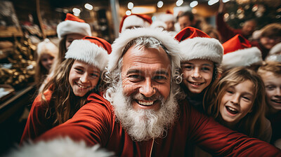 Buy stock photo Selfie of santa and group of children wearing santa caps. Christmas, holiday concept.